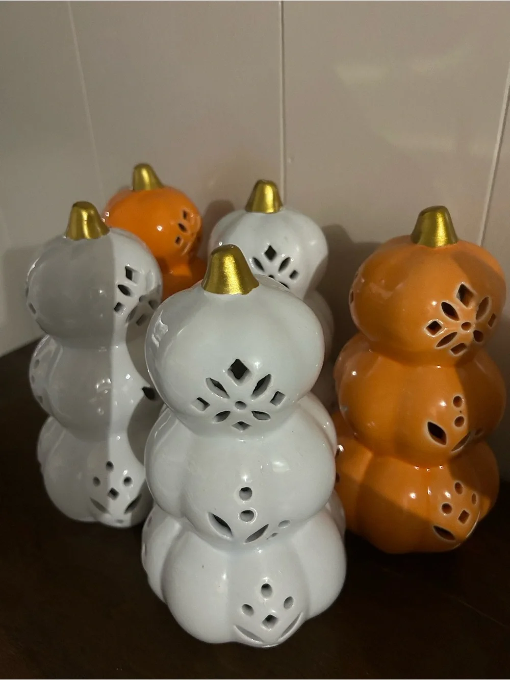 Ceramic Pumpkin Stack Lanterns - White and Orange with Gold Tops 5 pieces